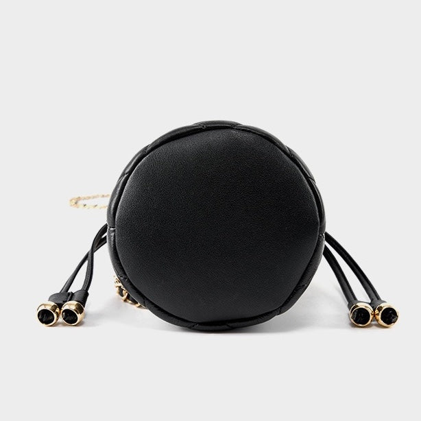 Women's Genuine Leather Bucket Bag with Chain Strap and Drawstring Closure
