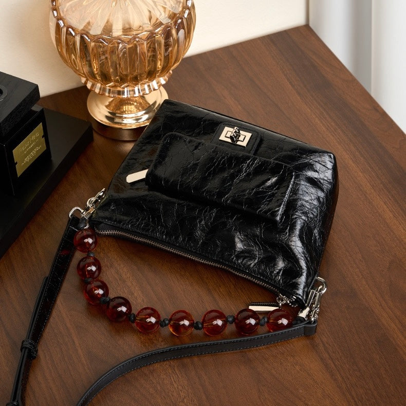 Women's Genuine Leather Pleated Chain Crossbody Bag with Shoulder Strap