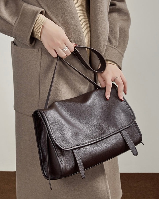 Women's Full-Grain Cowhide Flap Satchel with Dual Carry