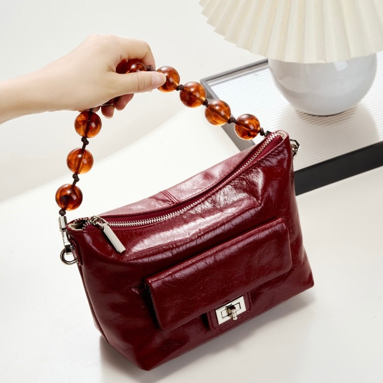 Women's Genuine Leather Pleated Chain Crossbody Bag with Shoulder Strap