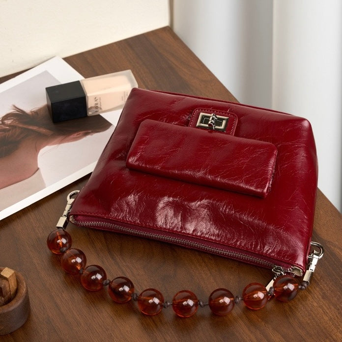 Women's Genuine Leather Pleated Chain Crossbody Bag with Shoulder Strap