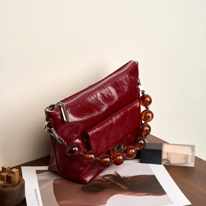 Women's Genuine Leather Pleated Chain Crossbody Bag with Shoulder Strap