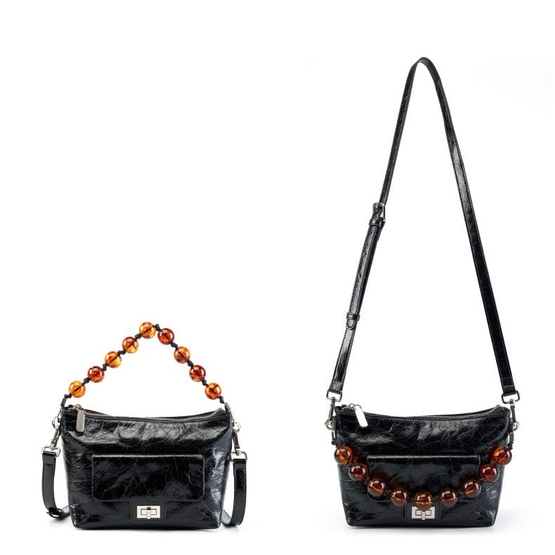 Women's Genuine Leather Pleated Chain Crossbody Bag with Shoulder Strap