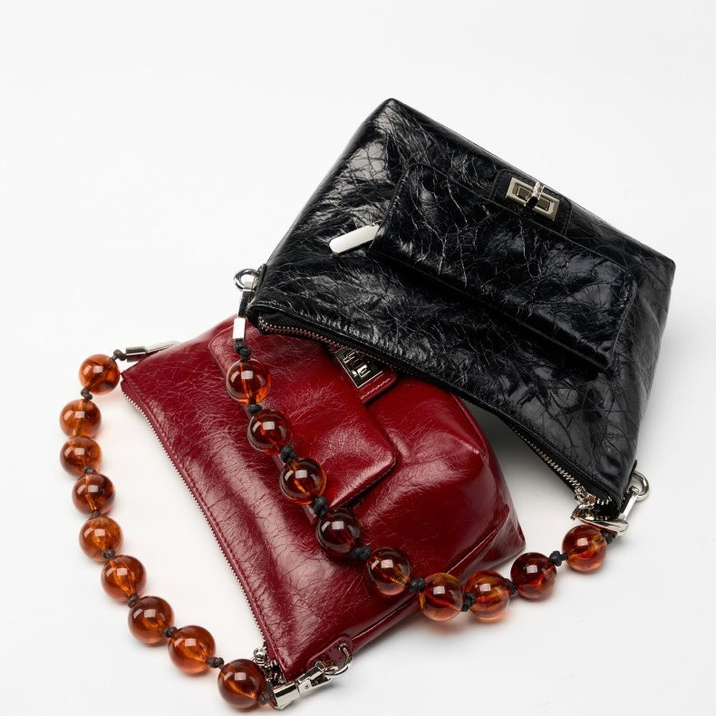 Women's Genuine Leather Pleated Chain Crossbody Bag with Shoulder Strap