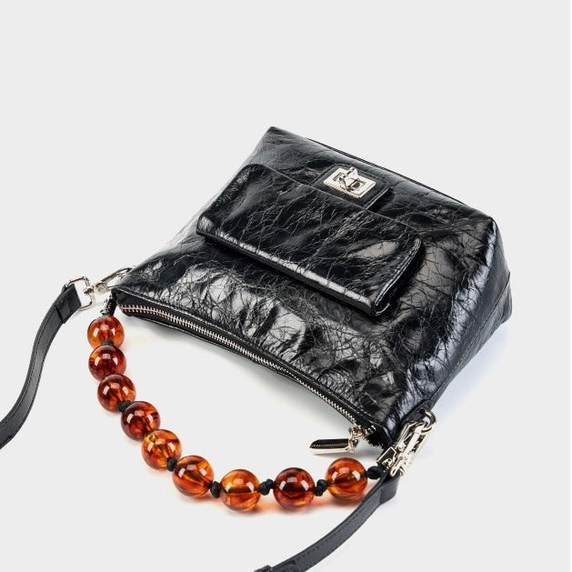 Women's Genuine Leather Pleated Chain Crossbody Bag with Shoulder Strap