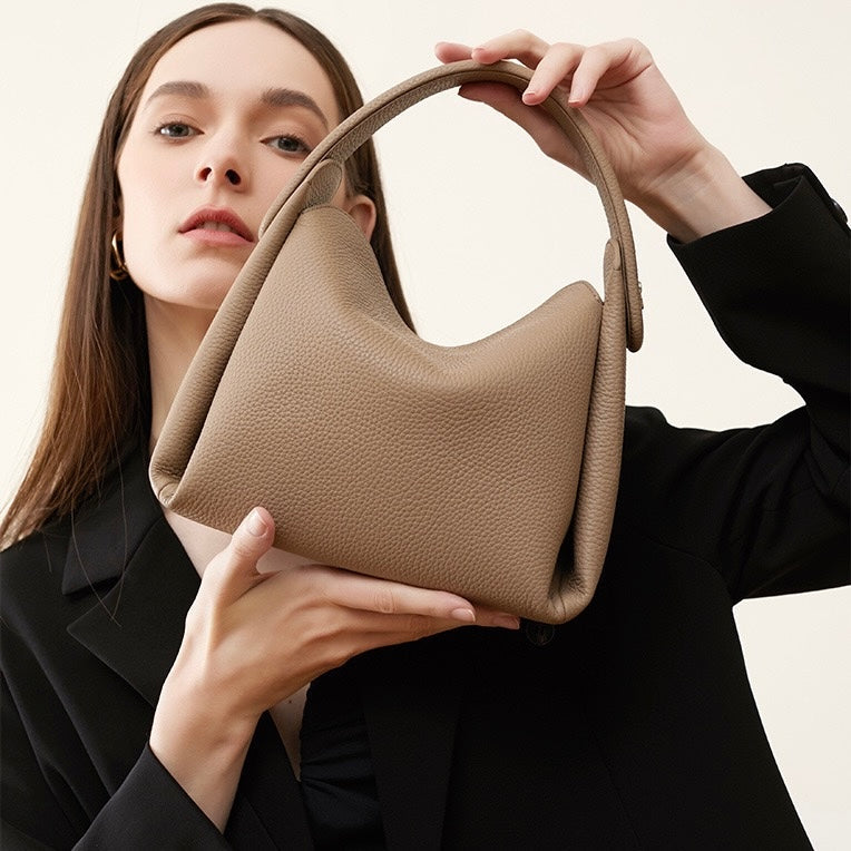 Women's Genuine Leather Box Shoulder Bag with Magnetic Closure and Crossbody Strap