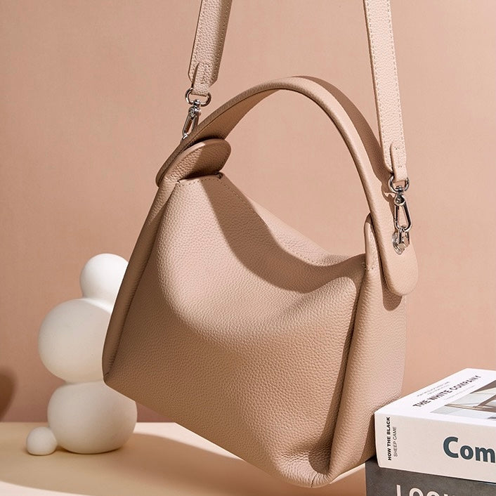 Women's Genuine Leather Box Shoulder Bag with Magnetic Closure and Crossbody Strap