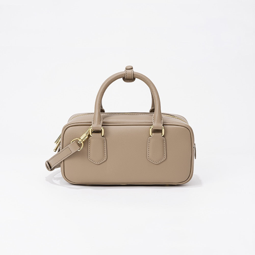 Women's Genuine Leather Boston Bowling Crossbody Handbag with Shoulder Strap