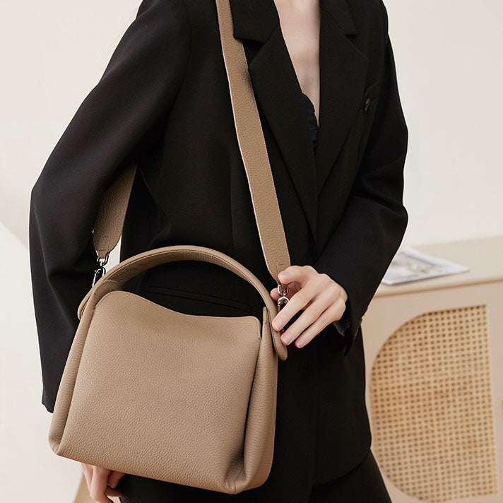 Women's Genuine Leather Box Shoulder Bag with Magnetic Closure and Crossbody Strap