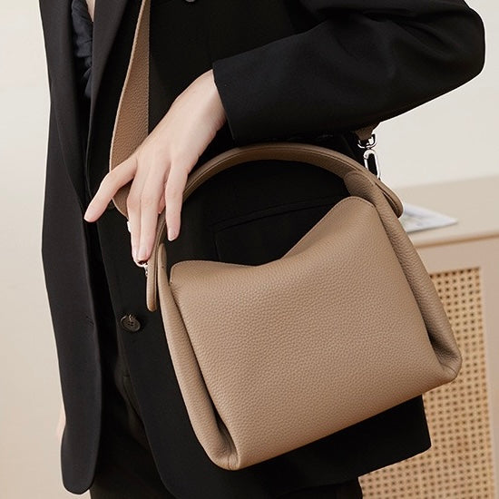 Women's Genuine Leather Box Shoulder Bag with Magnetic Closure and Crossbody Strap