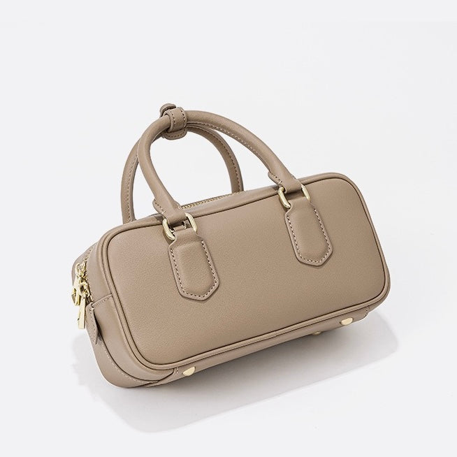 Women's Genuine Leather Boston Bowling Crossbody Handbag with Shoulder Strap
