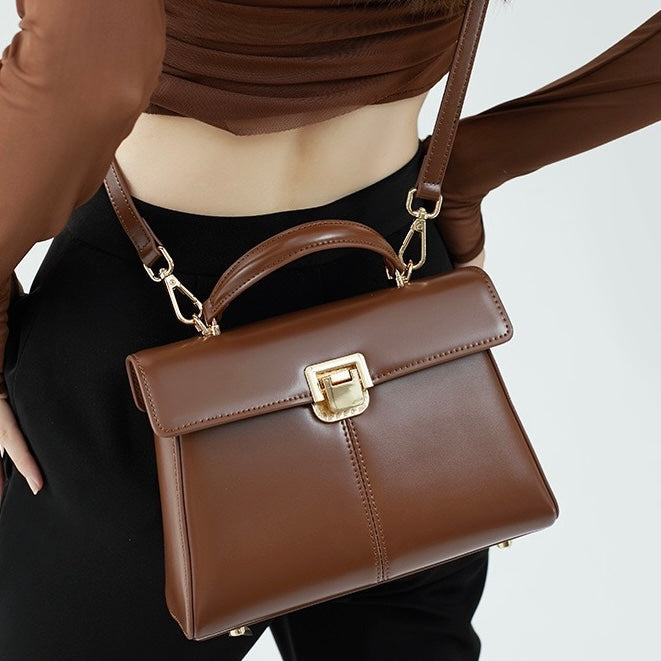 Women's Genuine Leather Horseshoe Buckle Handbag with Crossbody Strap