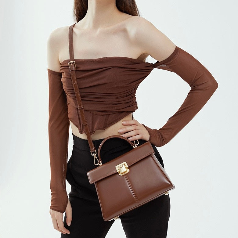 Women's Genuine Leather Horseshoe Buckle Handbag with Crossbody Strap