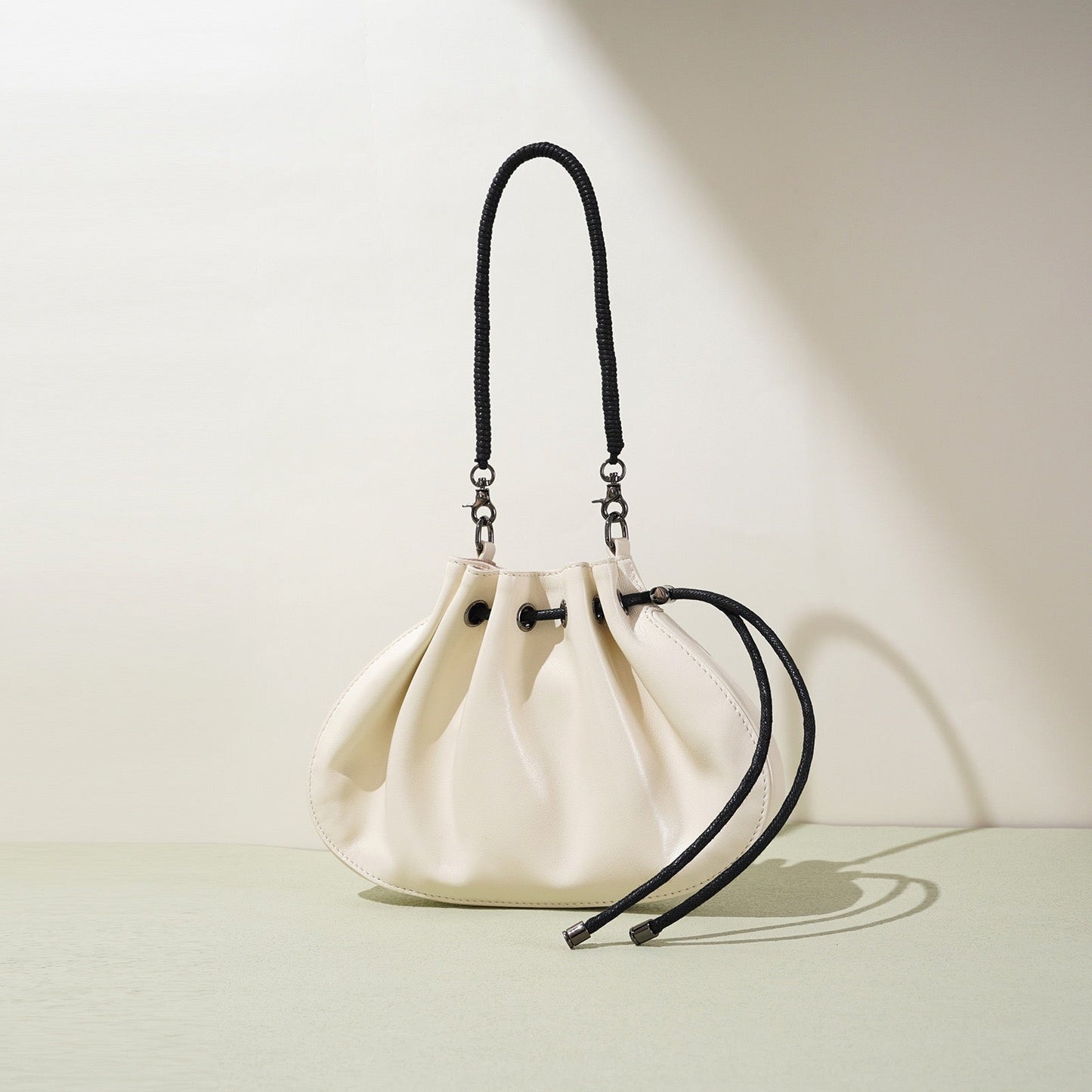 Women's Genuine Sheepskin Pleated Drawstring Crossbody Handbag
