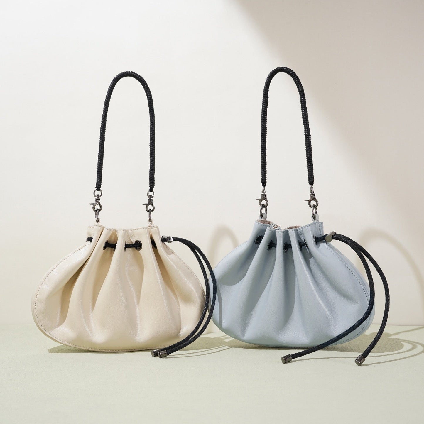 Women's Genuine Sheepskin Pleated Drawstring Crossbody Handbag