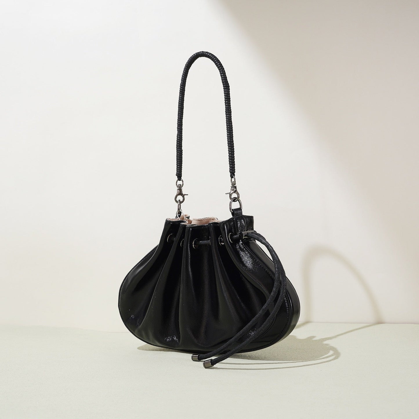 Women's Genuine Sheepskin Pleated Drawstring Crossbody Handbag