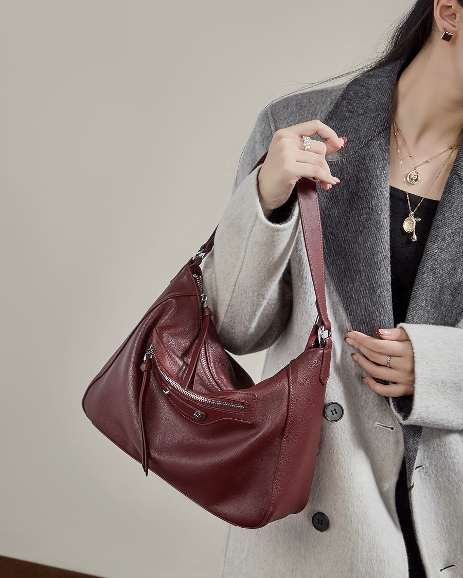 Women's Pebbled Cowhide Crescent Hobo with Tassel Accents