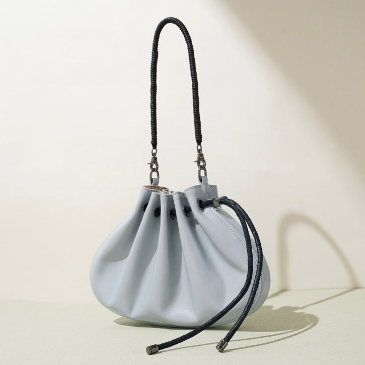 Women's Genuine Sheepskin Pleated Drawstring Crossbody Handbag