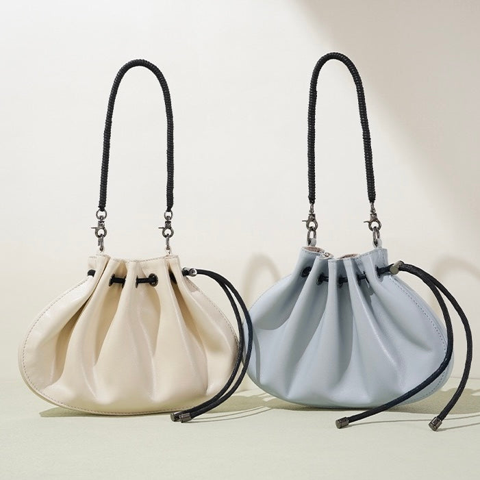 Women's Genuine Sheepskin Pleated Drawstring Crossbody Handbag