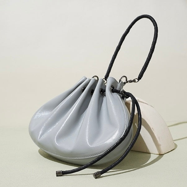Women's Genuine Sheepskin Pleated Drawstring Crossbody Handbag