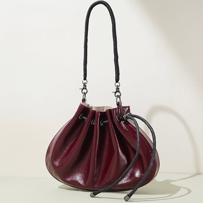 Women's Genuine Sheepskin Pleated Drawstring Crossbody Handbag