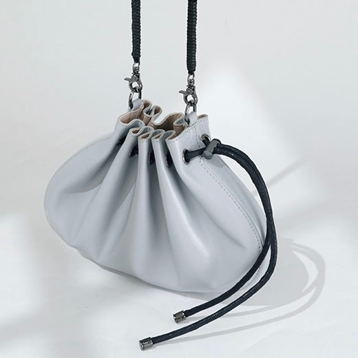 Women's Genuine Sheepskin Pleated Drawstring Crossbody Handbag
