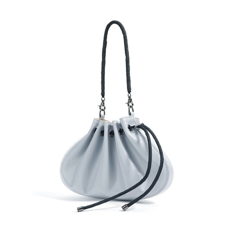 Women's Genuine Sheepskin Pleated Drawstring Crossbody Handbag