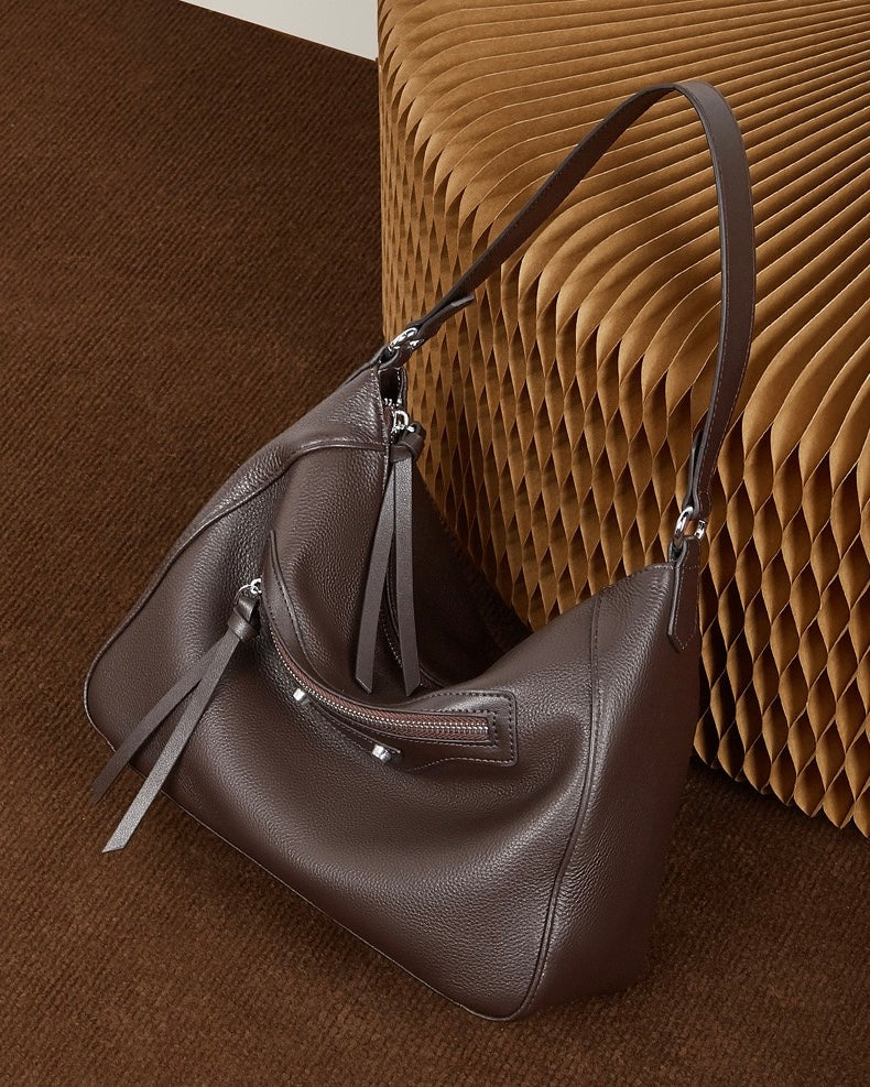 Women's Pebbled Cowhide Crescent Hobo with Tassel Accents