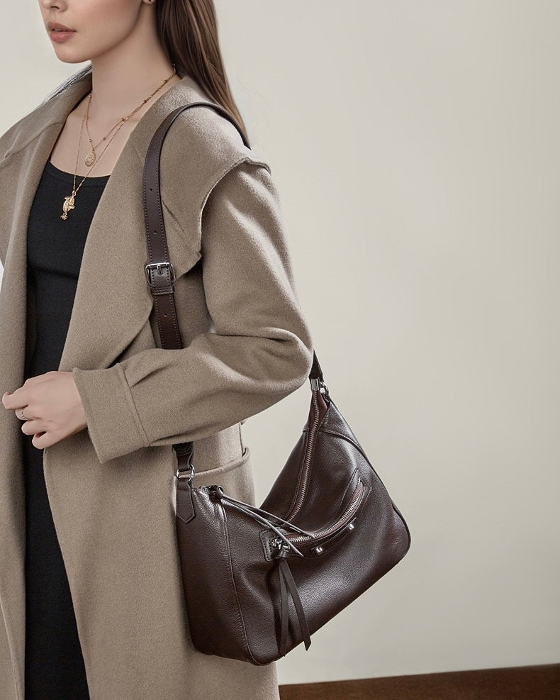 Women's Pebbled Cowhide Crescent Hobo with Tassel Accents