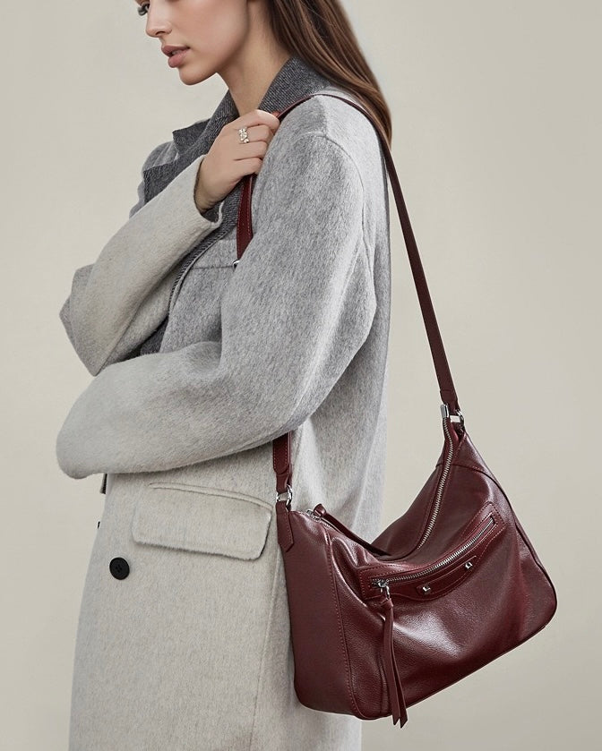 Women's Pebbled Cowhide Crescent Hobo with Tassel Accents