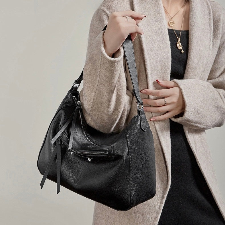 Women's Pebbled Cowhide Crescent Hobo with Tassel Accents