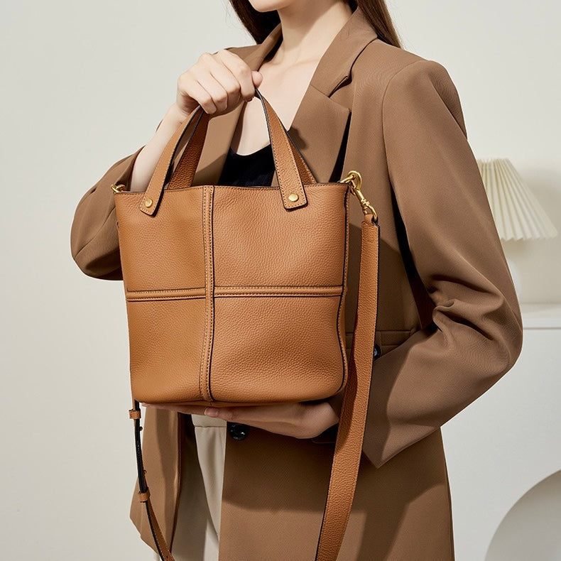 Women's Genuine Leather Large Capacity Bucket Bag with Zipper Closure