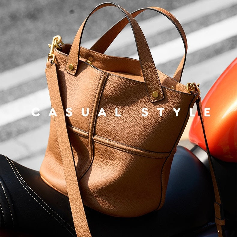 Women's Genuine Leather Large Capacity Bucket Bag with Zipper Closure
