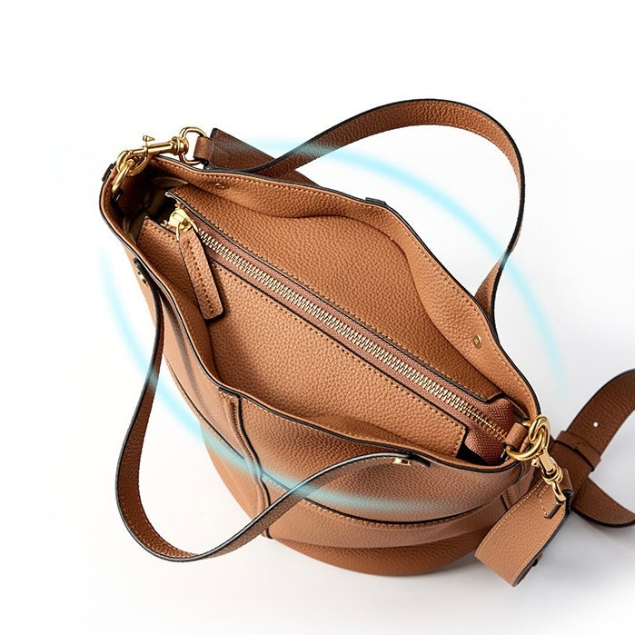 Women's Genuine Leather Large Capacity Bucket Bag with Zipper Closure