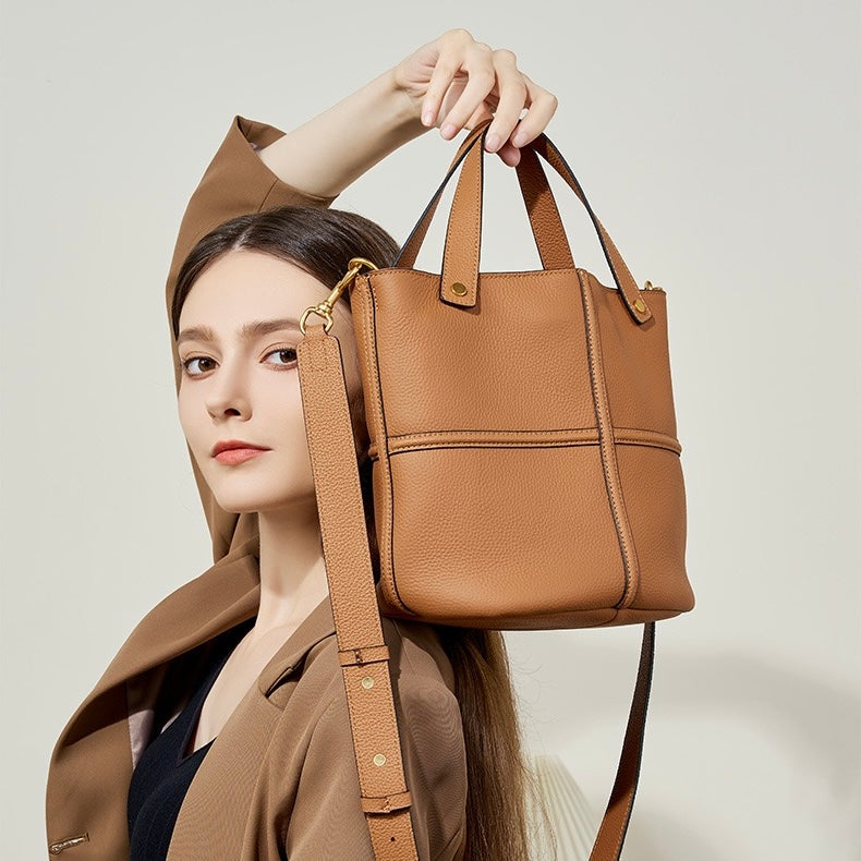 Women's Genuine Leather Large Capacity Bucket Bag with Zipper Closure
