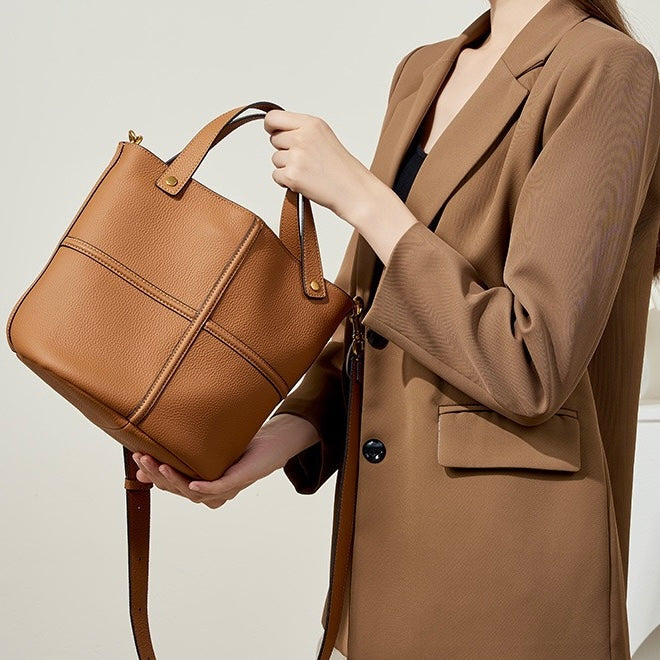 Women's Genuine Leather Large Capacity Bucket Bag with Zipper Closure