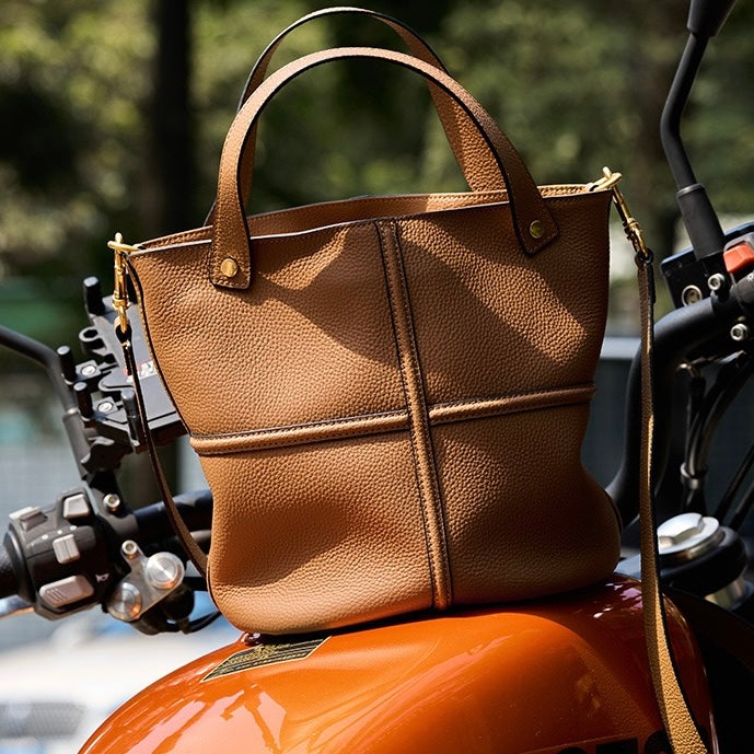 Women's Genuine Leather Large Capacity Bucket Bag with Zipper Closure
