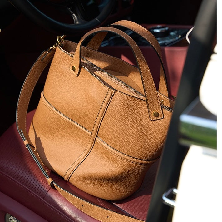Women's Genuine Leather Large Capacity Bucket Bag with Zipper Closure