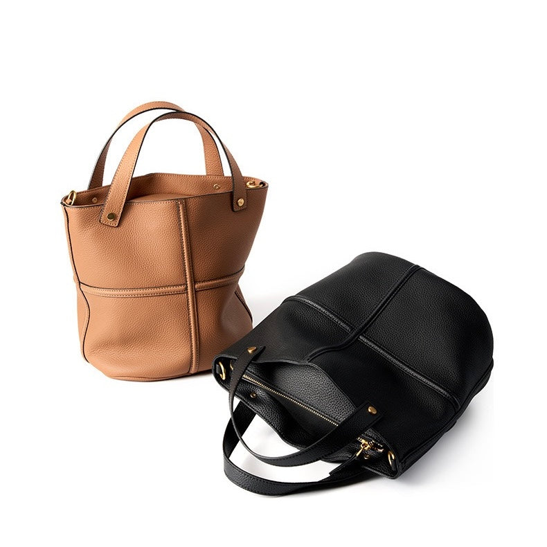 Women's Genuine Leather Large Capacity Bucket Bag with Zipper Closure