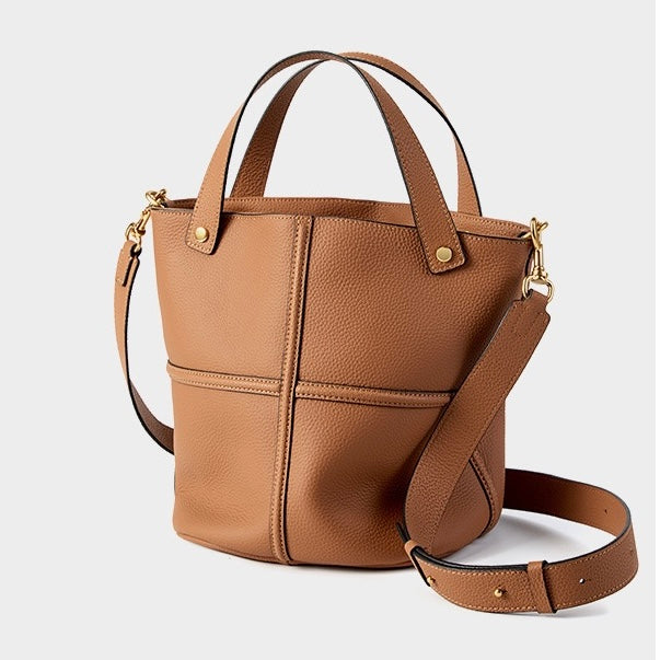 Women's Genuine Leather Large Capacity Bucket Bag with Zipper Closure
