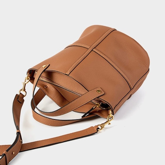 Women's Genuine Leather Large Capacity Bucket Bag with Zipper Closure