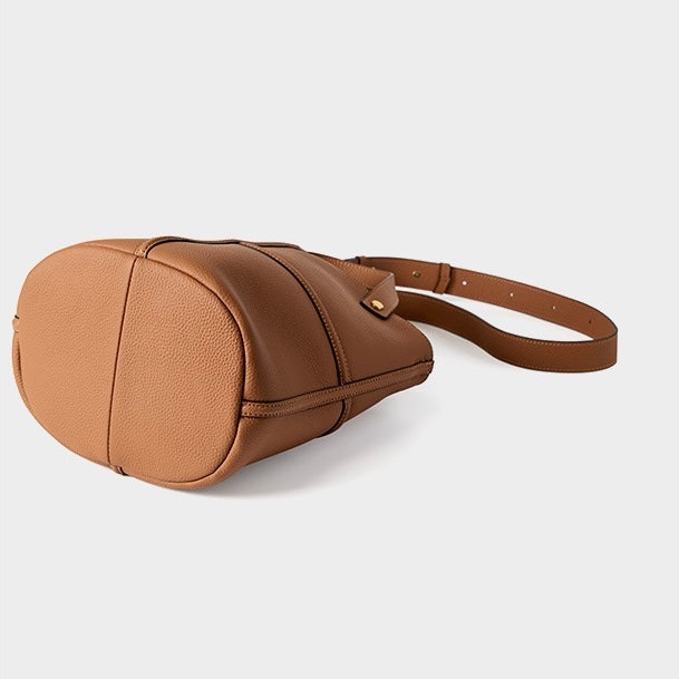 Women's Genuine Leather Large Capacity Bucket Bag with Zipper Closure