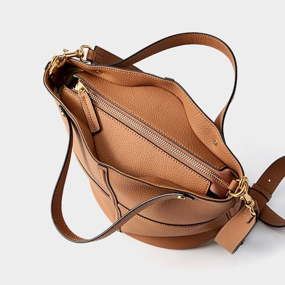 Women's Genuine Leather Large Capacity Bucket Bag with Zipper Closure