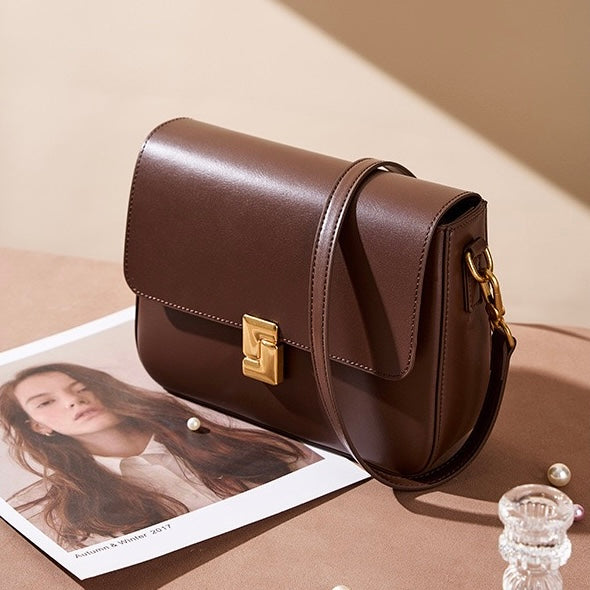 Women's Genuine Leather Shoulder Box Bag with Adjustable Crossbody Strap