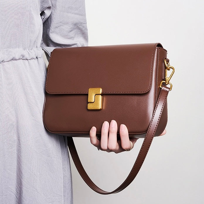 Women's Genuine Leather Shoulder Box Bag with Adjustable Crossbody Strap