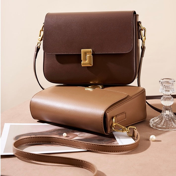Women's Genuine Leather Shoulder Box Bag with Adjustable Crossbody Strap