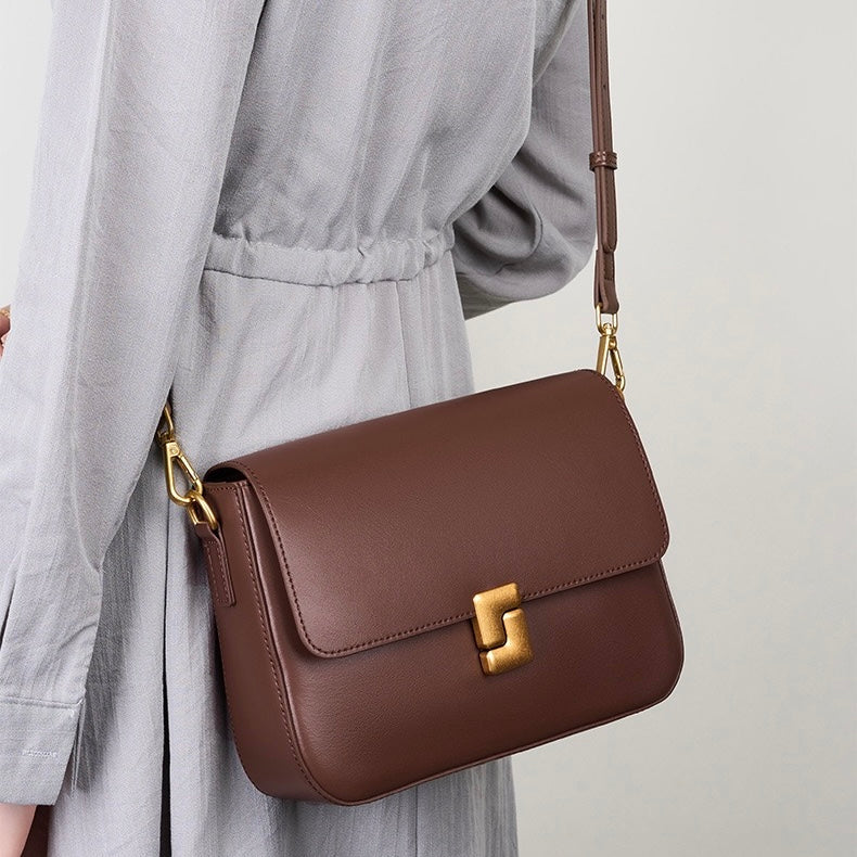 Women's Genuine Leather Shoulder Box Bag with Adjustable Crossbody Strap