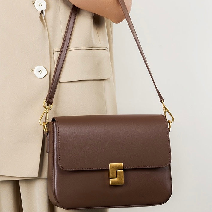 Women's Genuine Leather Shoulder Box Bag with Adjustable Crossbody Strap
