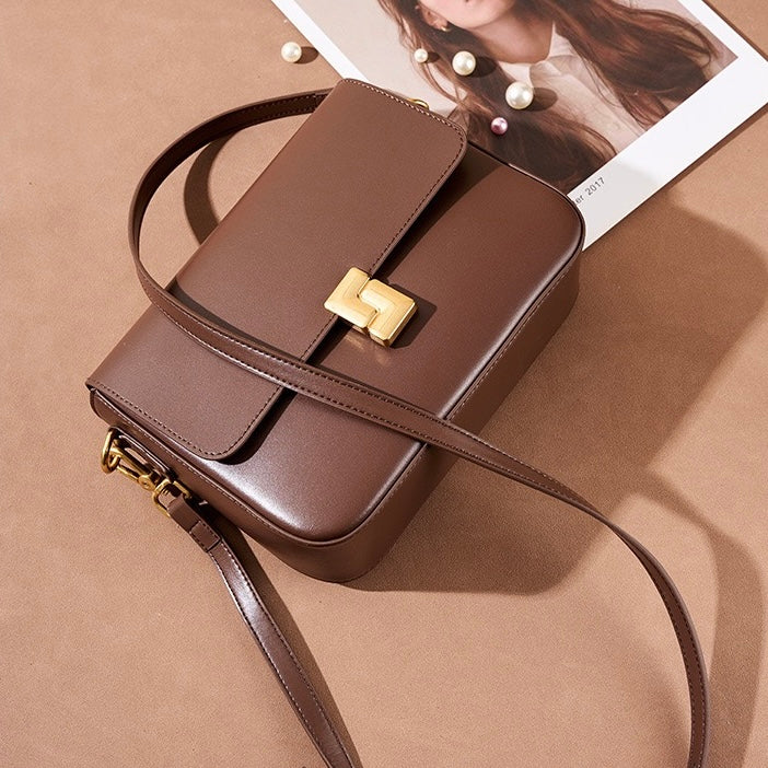 Women's Genuine Leather Shoulder Box Bag with Adjustable Crossbody Strap