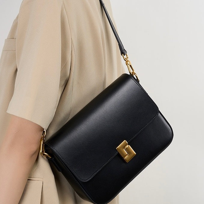 Women's Genuine Leather Shoulder Box Bag with Adjustable Crossbody Strap